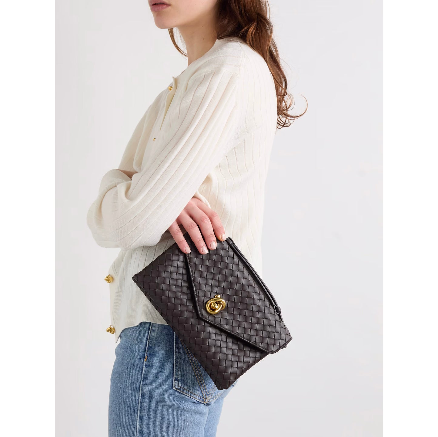 Bottega Veneta Knot Lock Intrecciato Leather Crossbody Bag in "Fondant" (Brown)