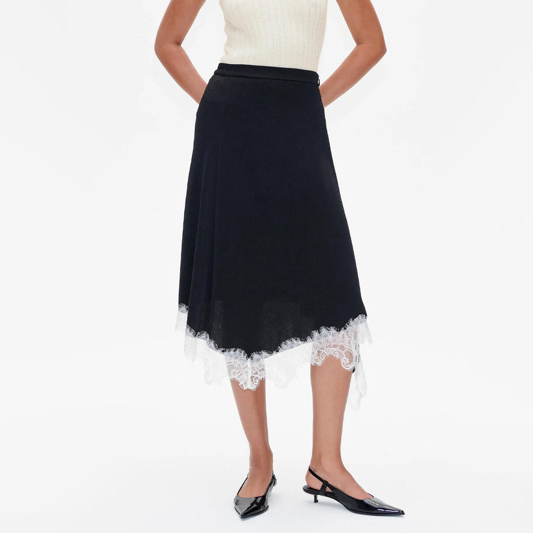 Baum und Pferdgarten Black Satin Skirt w Lace Trim, size 36