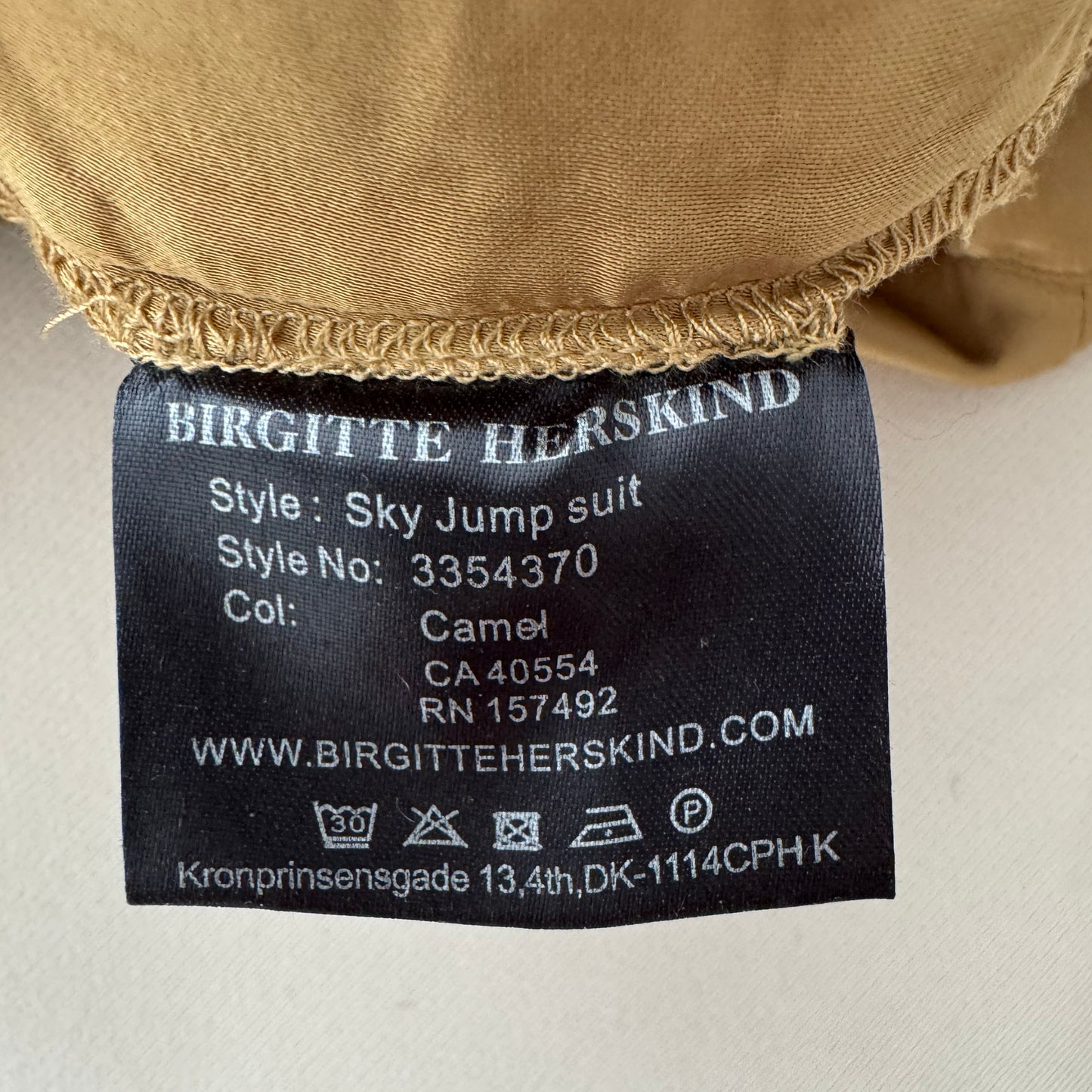 Birgitte Herskind "Sky" Satin Jumpsuit in Camel, size 34