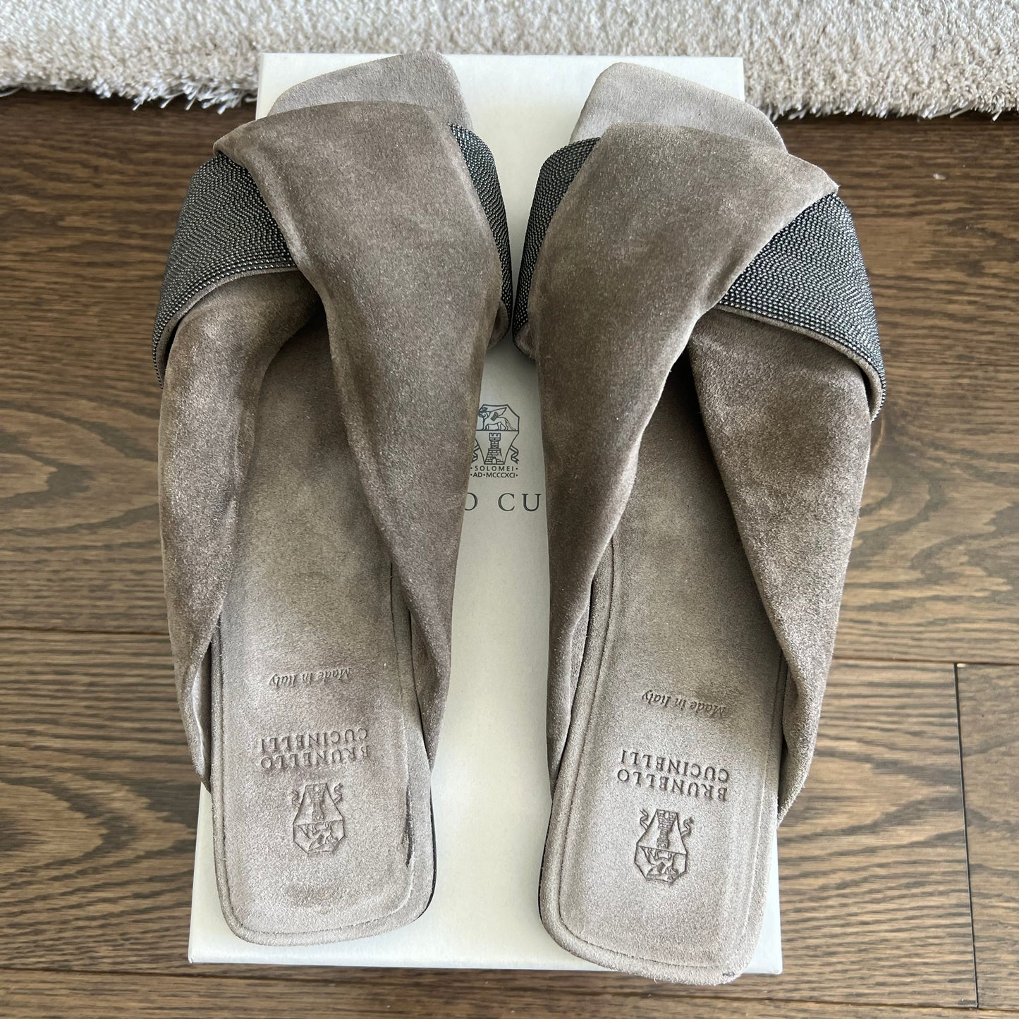 Brunello Cucinelli Monili-Embroidered Suede Slides, size 41