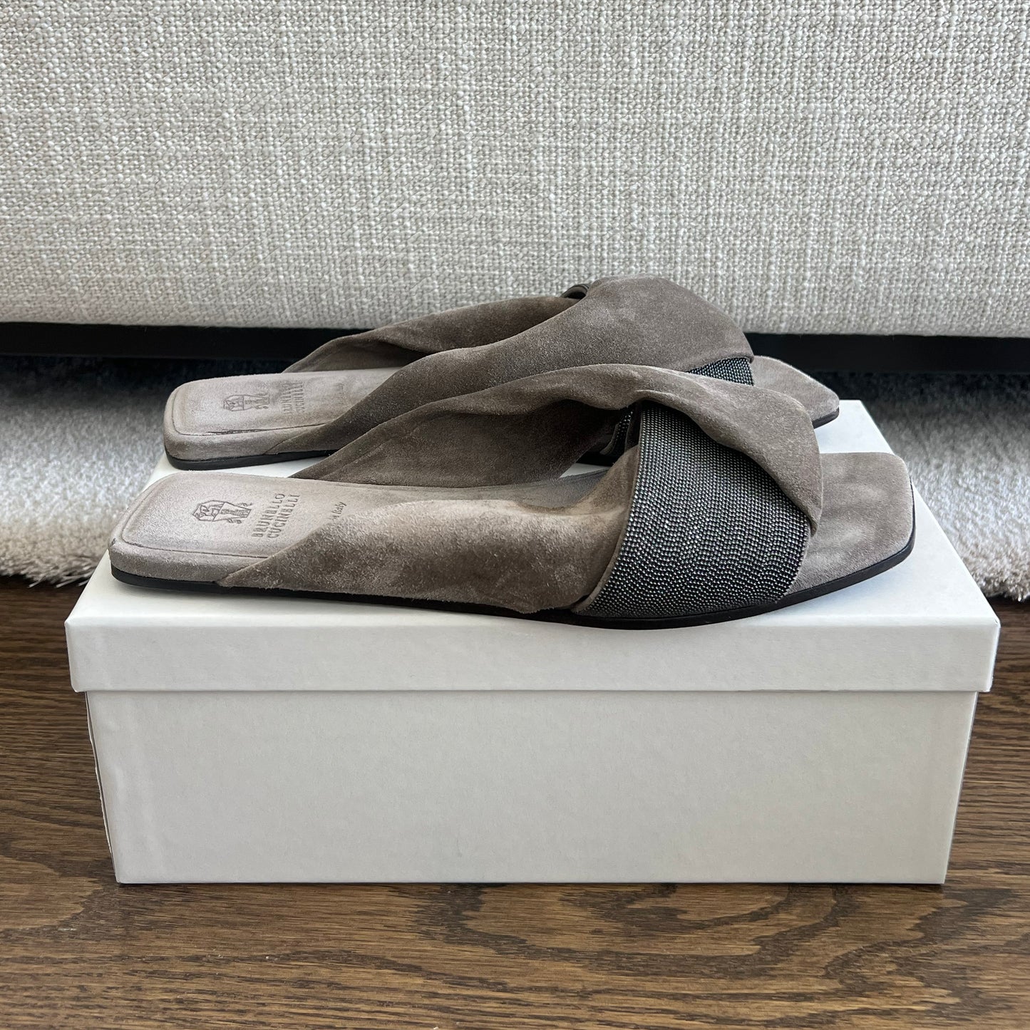 Brunello Cucinelli Monili-Embroidered Suede Slides, size 41