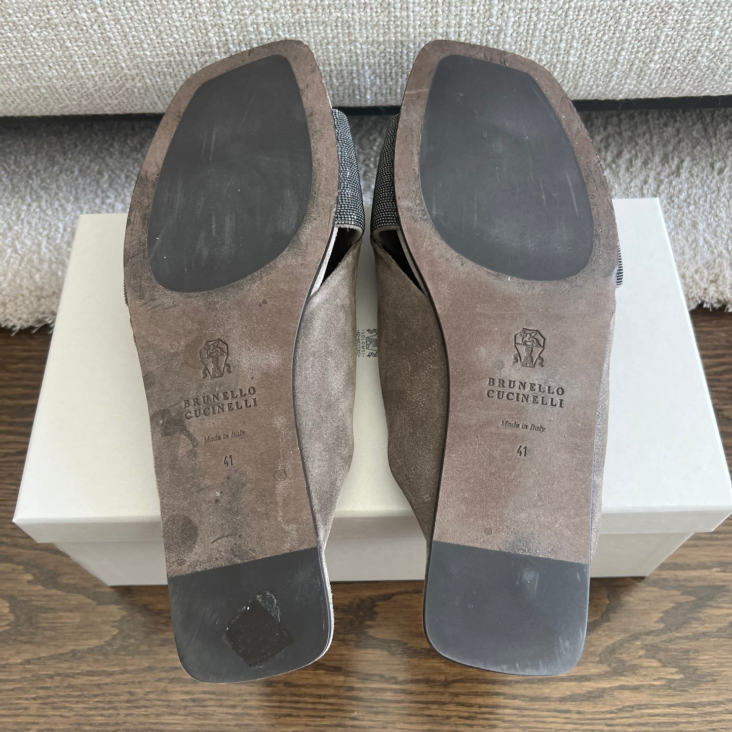 Brunello Cucinelli Monili-Embroidered Suede Slides, size 41