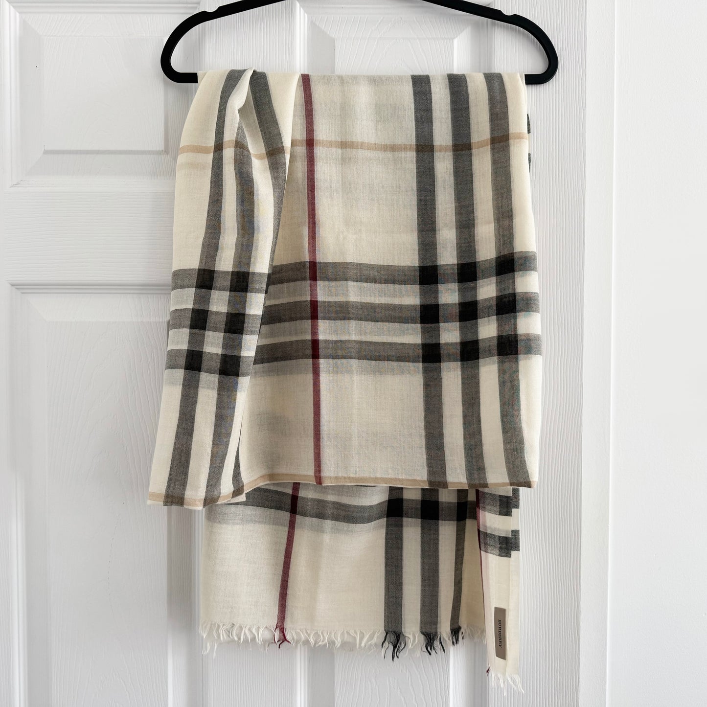 Burberry Wool/Silk Checked Scarf in Ivory