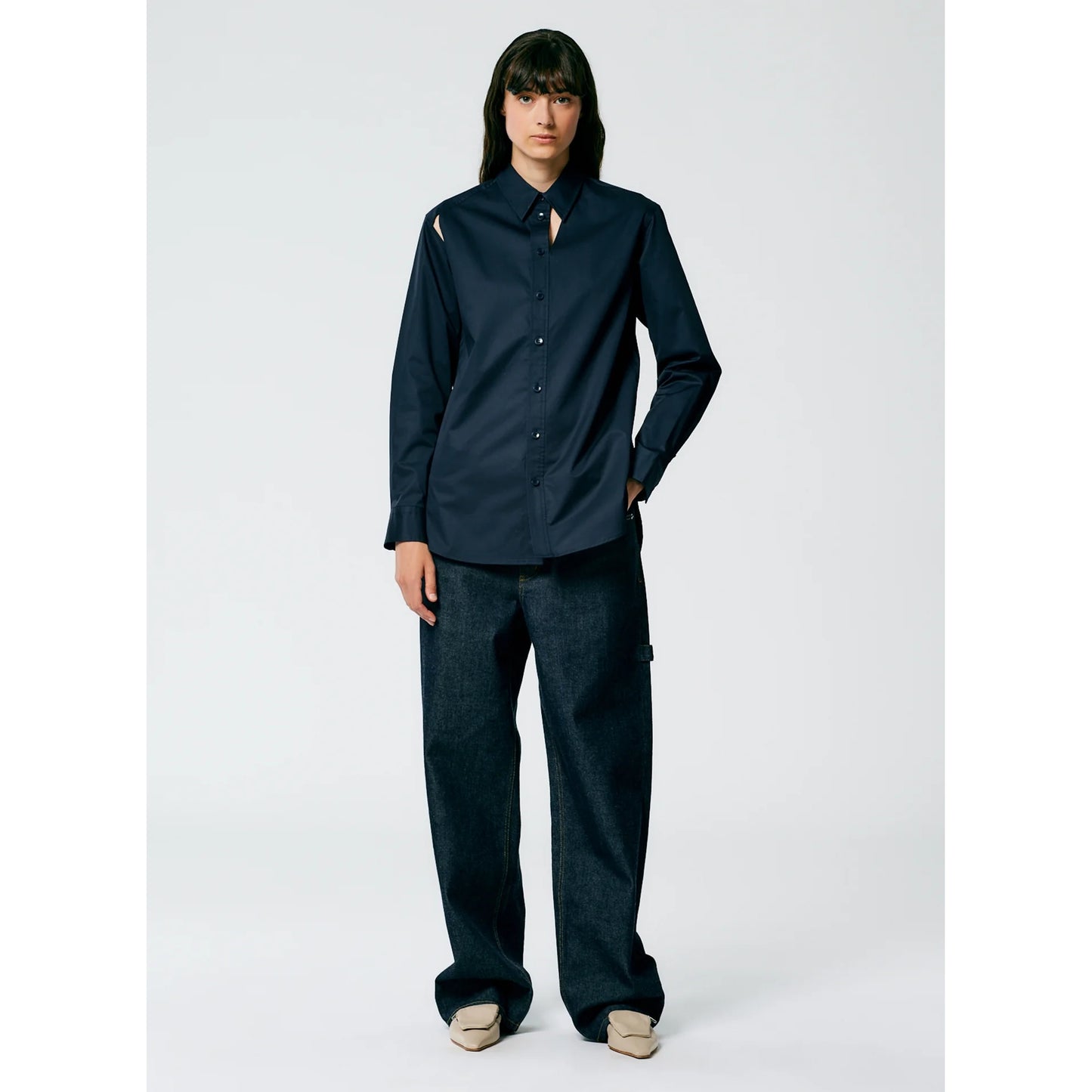 Tibi "Charlie" Eco Poplin Cut Out Shirt in Navy, Size Small