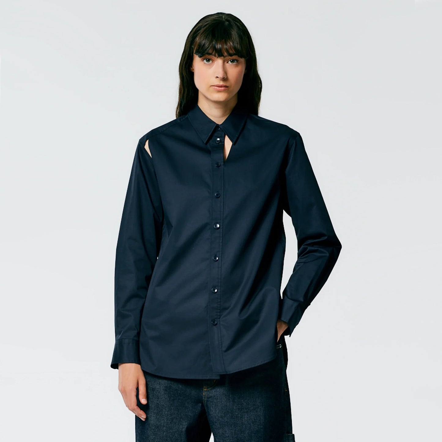Tibi "Charlie" Eco Poplin Cut Out Shirt in Navy, Size Small