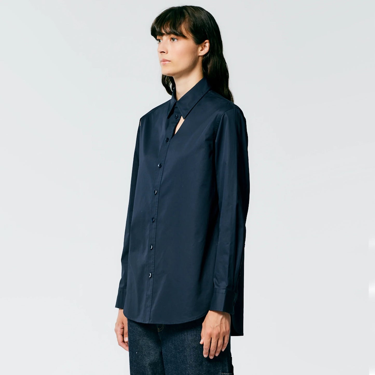 Tibi "Charlie" Eco Poplin Cut Out Shirt in Navy, Size Small