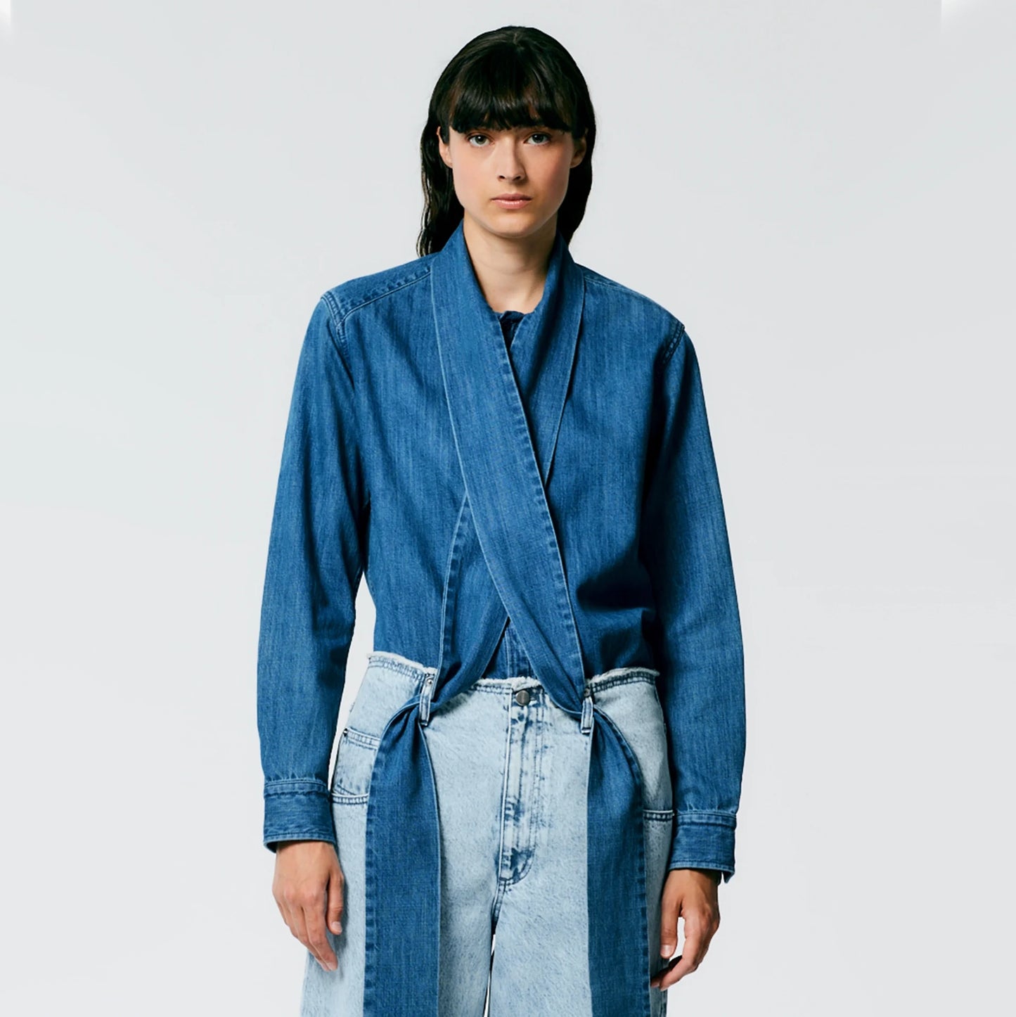 Tibi Lightweight Stone Washed Tie Neck Slim Men's Shirt in Blue, size Medium