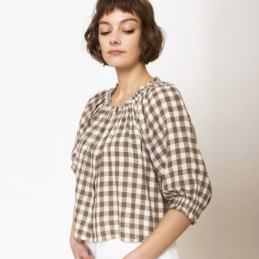 Apiece Apart "Casa" Gingham Top in Chestnut, size Medium