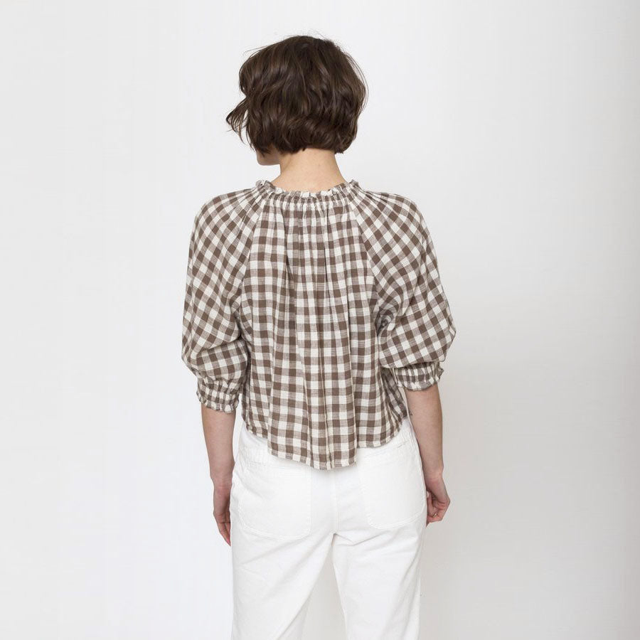 Apiece Apart "Casa" Gingham Top in Chestnut, size Medium