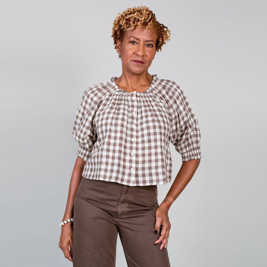 Apiece Apart "Casa" Gingham Top in Chestnut, size Medium