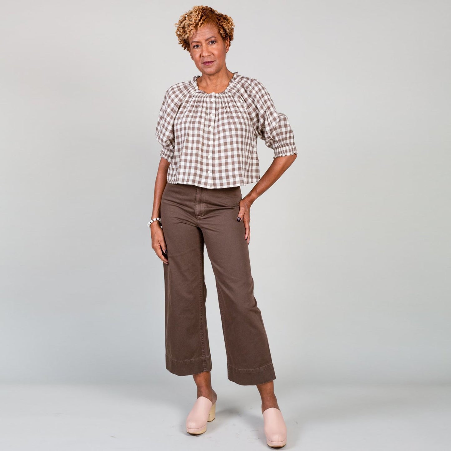 Apiece Apart "Casa" Gingham Top in Chestnut, size Medium