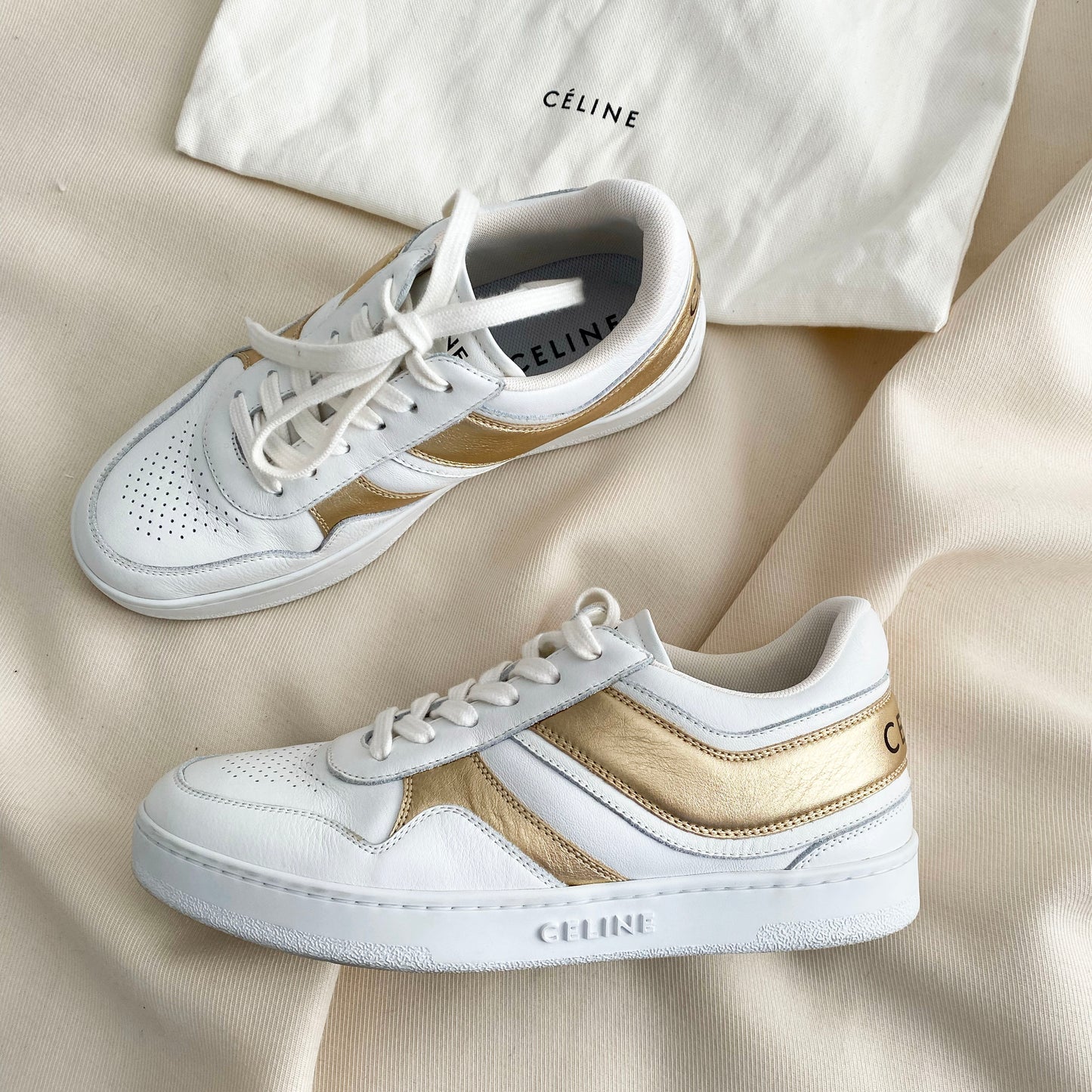 Celine Low Top Sneakers in White and Gold, size 37 (fits like a 38!)