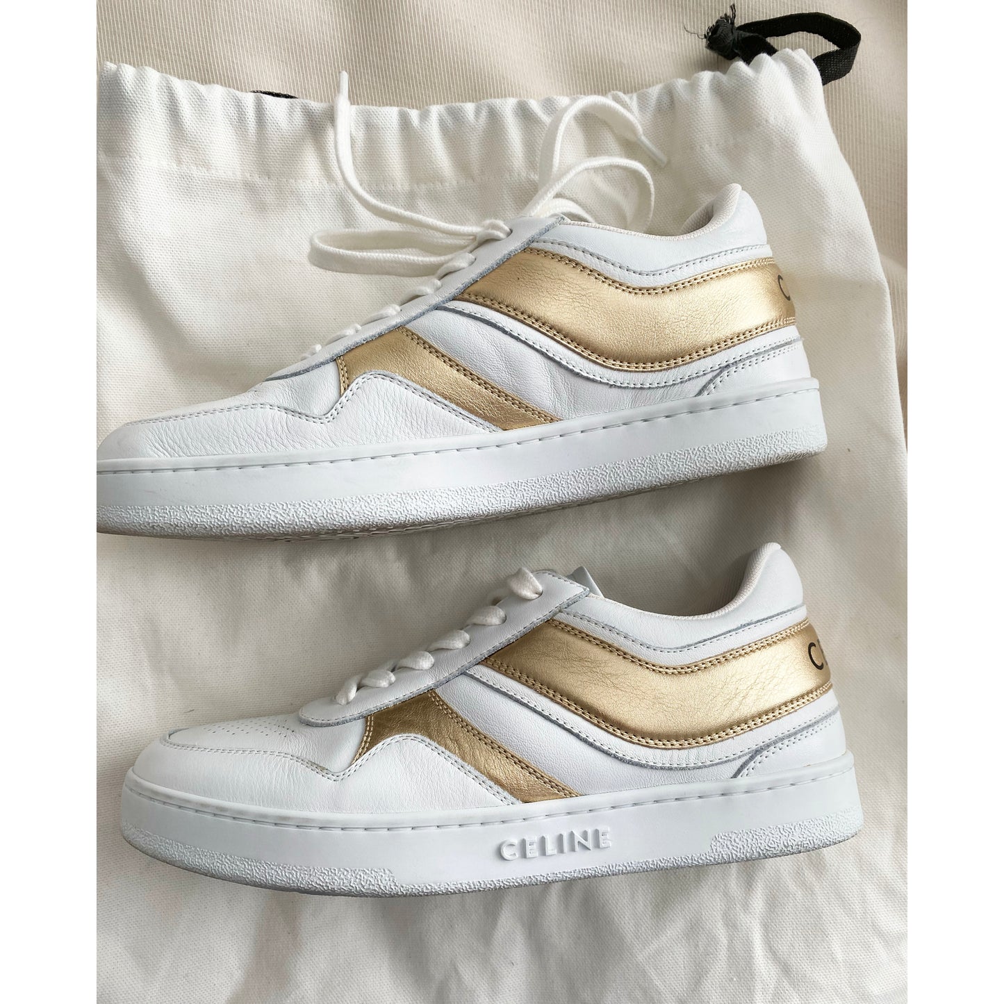 Celine Low Top Sneakers in White and Gold, size 37 (fits like a 38!)