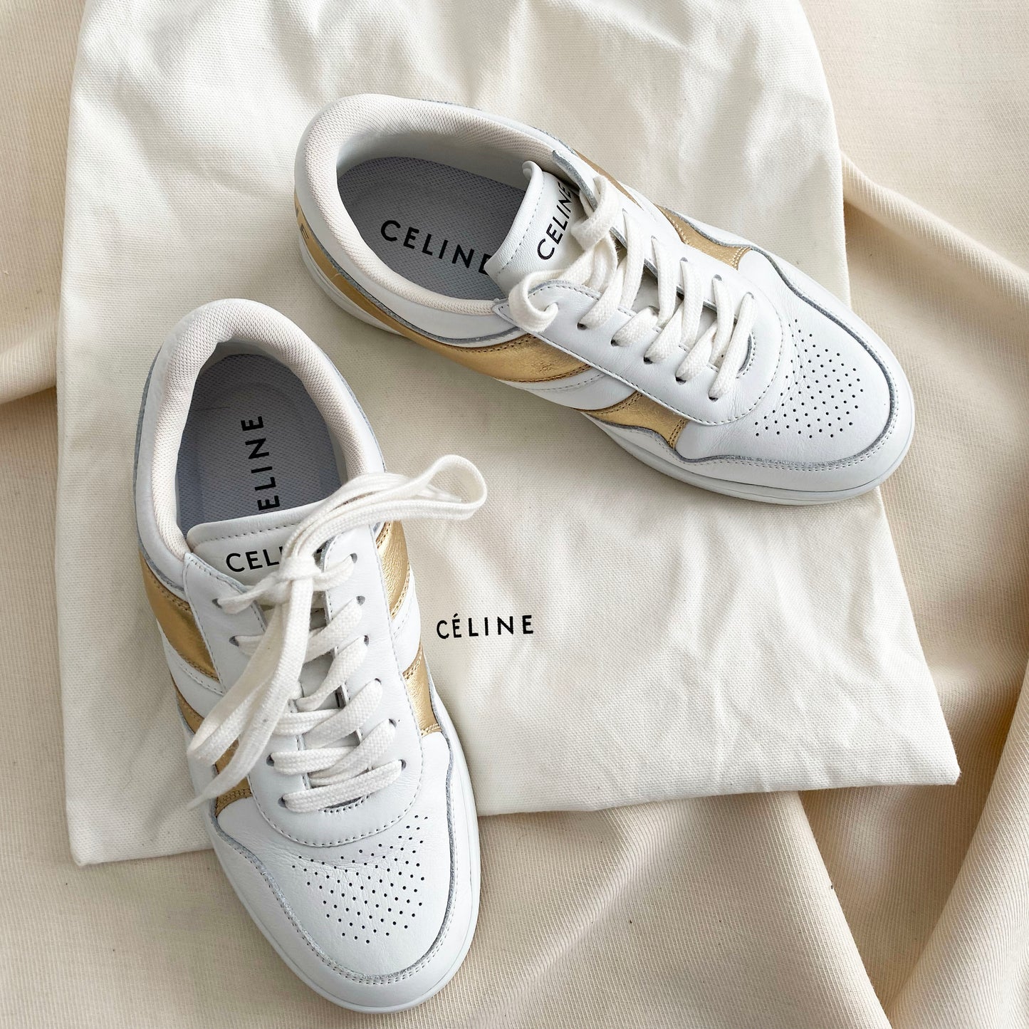 Celine Low Top Sneakers in White and Gold, size 37 (fits like a 38!)