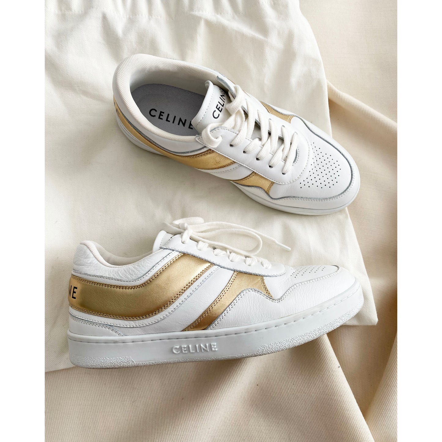 Celine Low Top Sneakers in White and Gold, size 37 (fits like a 38!)