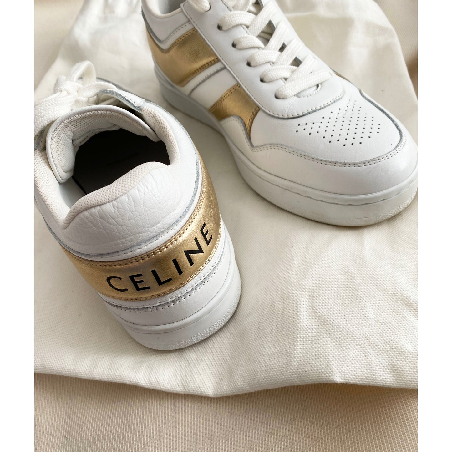 Celine Low Top Sneakers in White and Gold, size 37 (fits like a 38!)