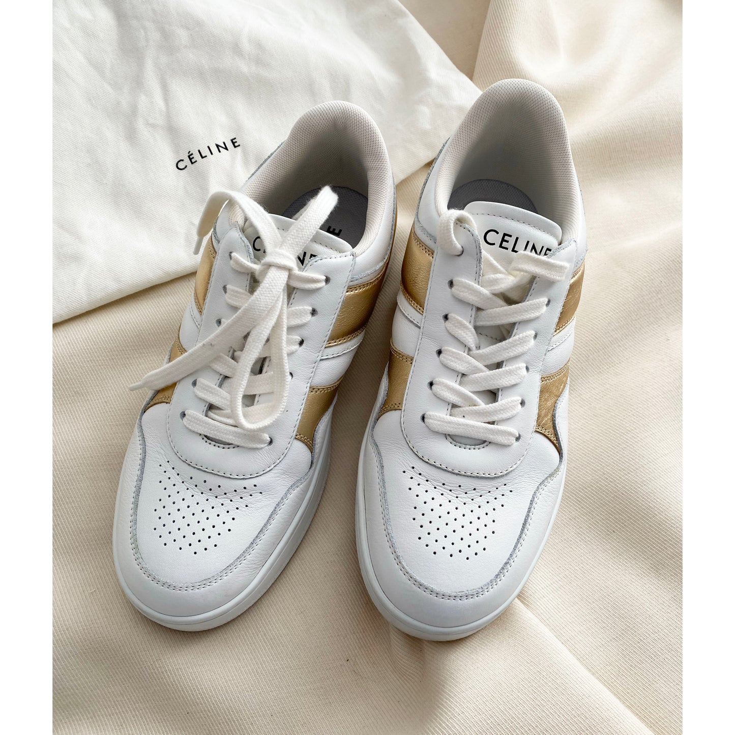 Celine Low Top Sneakers in White and Gold, size 37 (fits like a 38!)