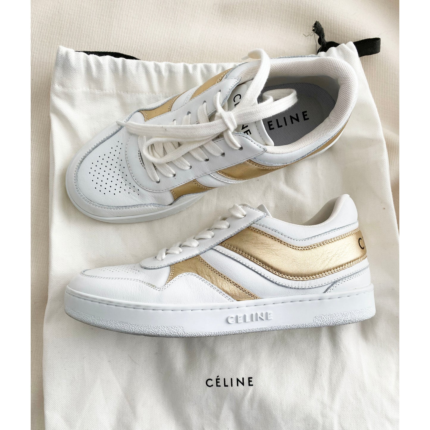 Celine Low Top Sneakers in White and Gold, size 37 (fits like a 38!)