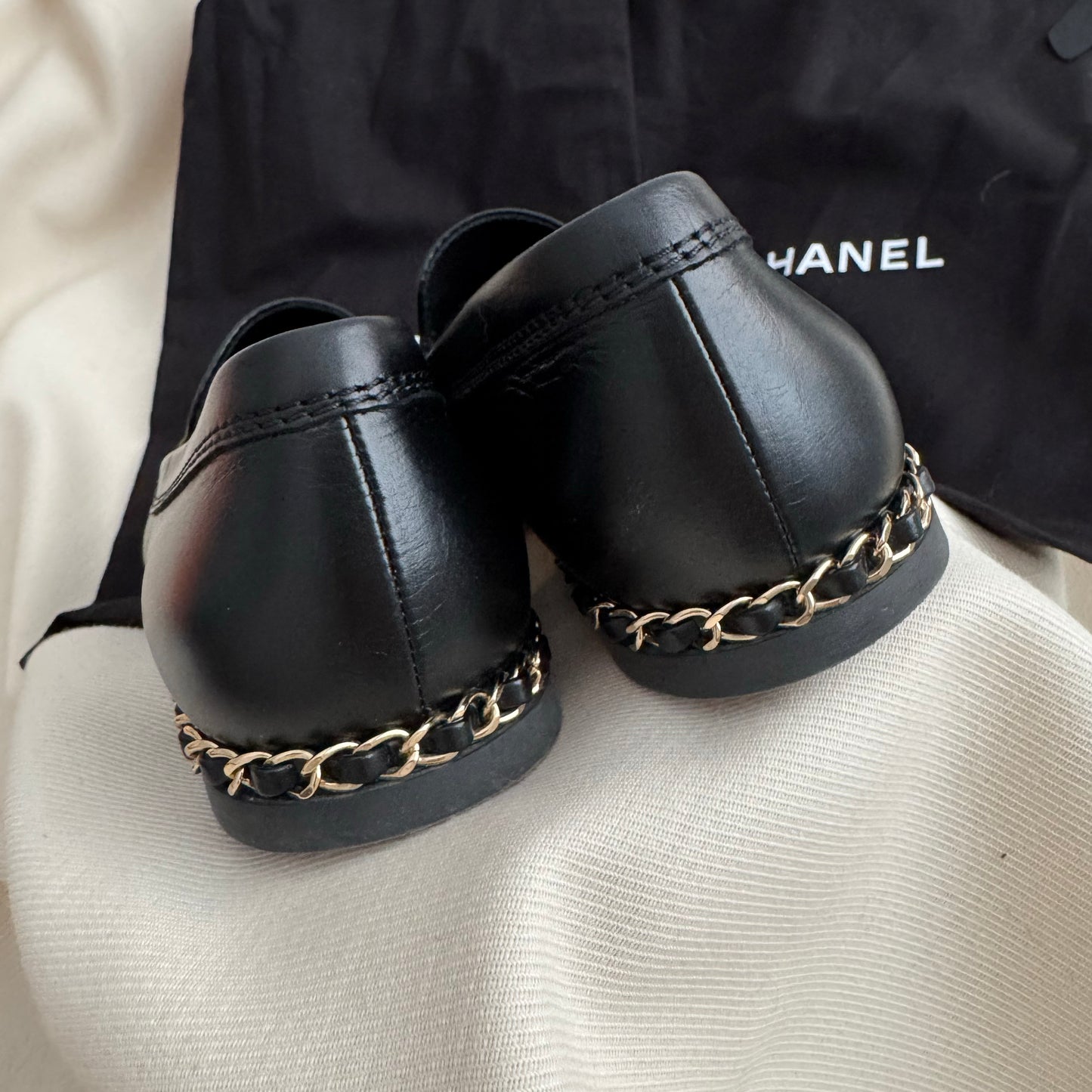 Chanel CC Chain Moccasin Loafers in Black, size 38