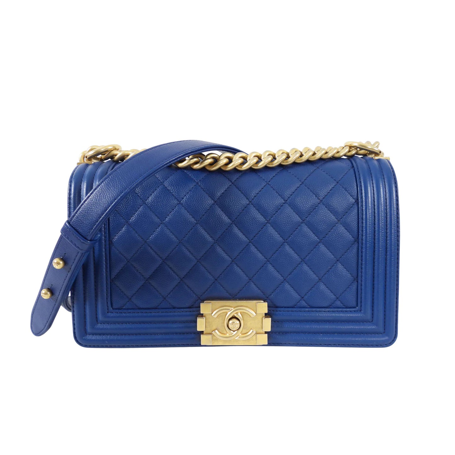 Sac Boy Moyen Caviar Bleu Chanel avec Quincaillerie Vieil Or