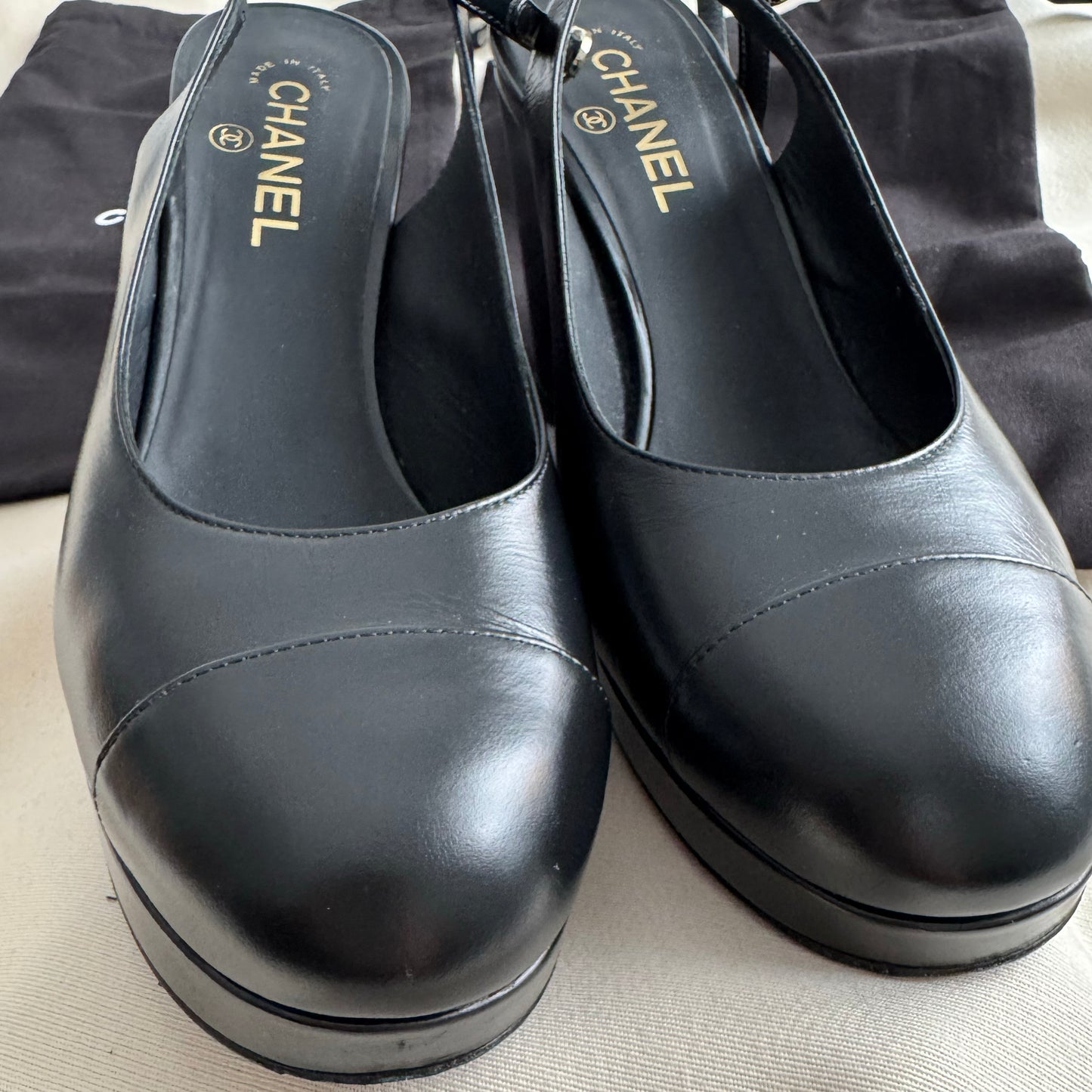 Chanel Round toe black ankle strap pumps, size 41.5