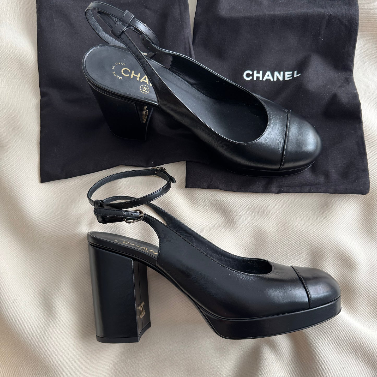 Chanel Round toe black ankle strap pumps, size 41.5