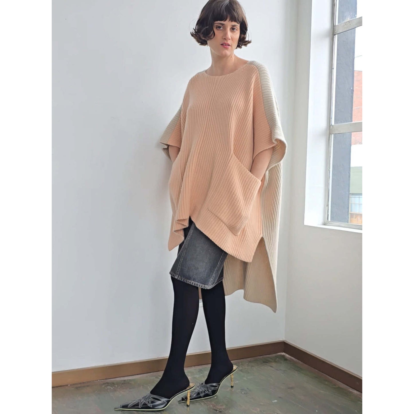 Chloe Ribbed Knit Cashmere Poncho Pink/Beige, size XS/S (fits up to XXL)