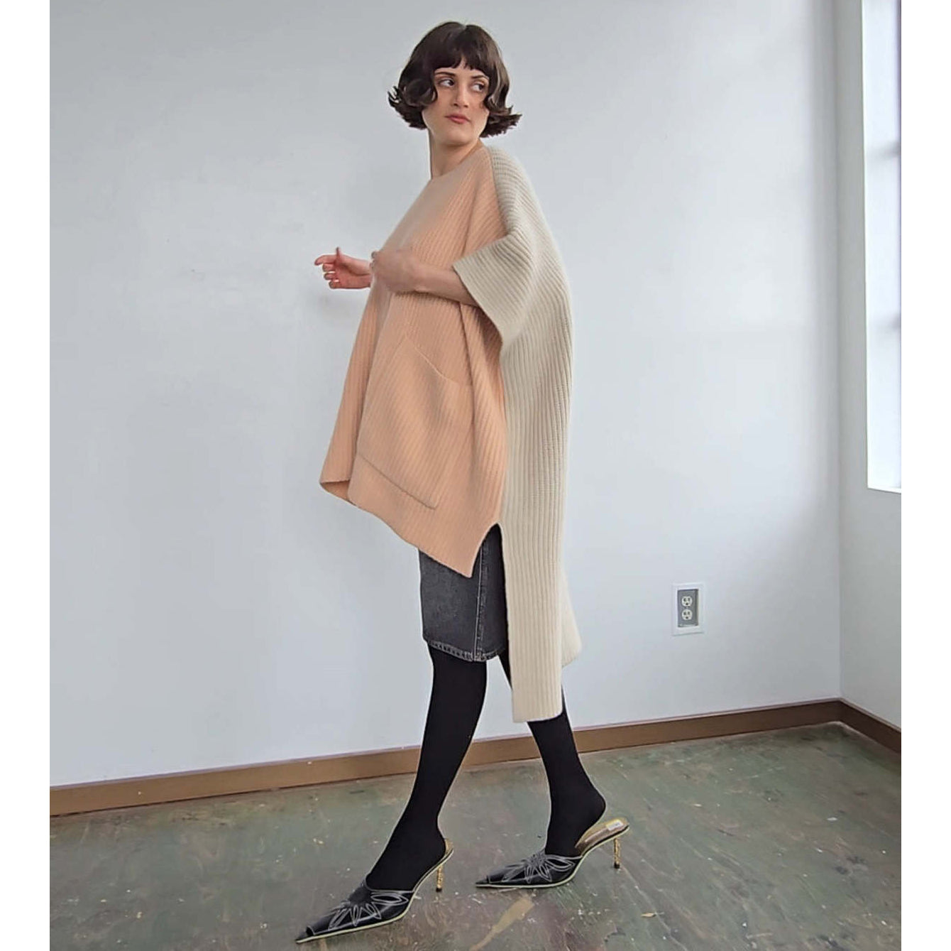 Chloe Ribbed Knit Cashmere Poncho Pink/Beige, size XS/S (fits up to XXL)