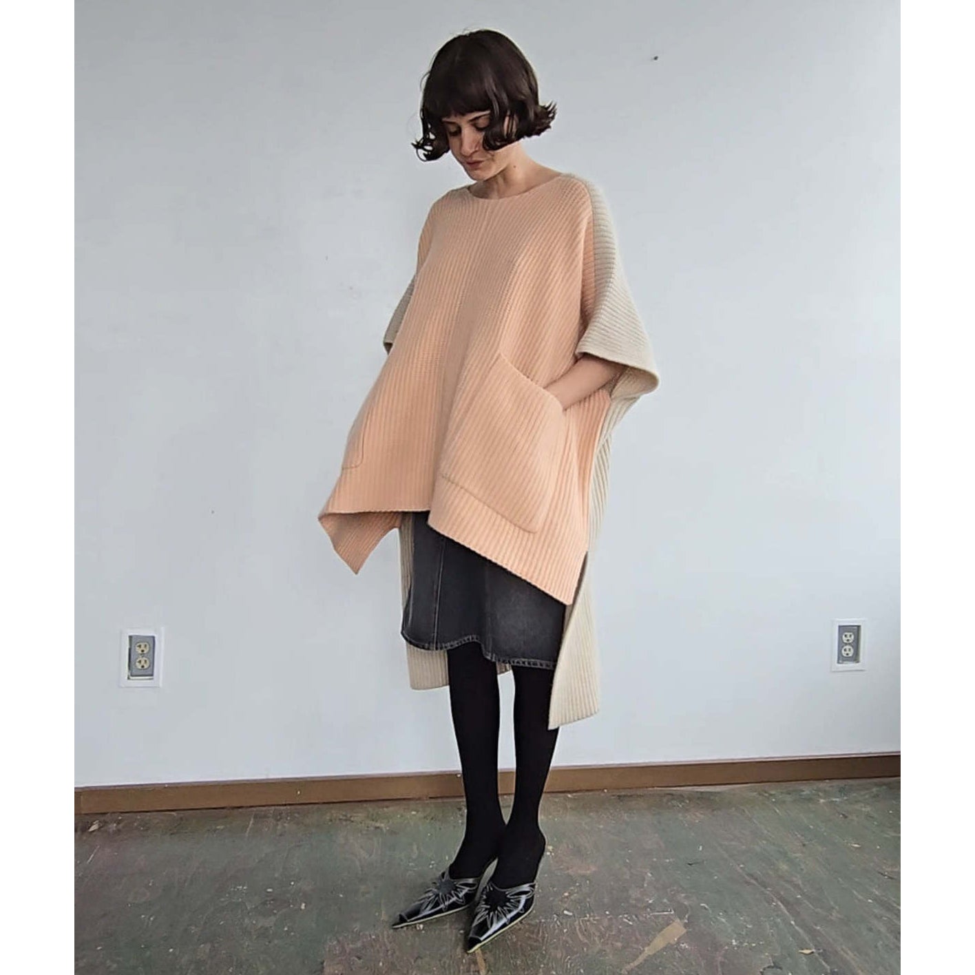 Chloe Ribbed Knit Cashmere Poncho Pink/Beige, size XS/S (fits up to XXL)