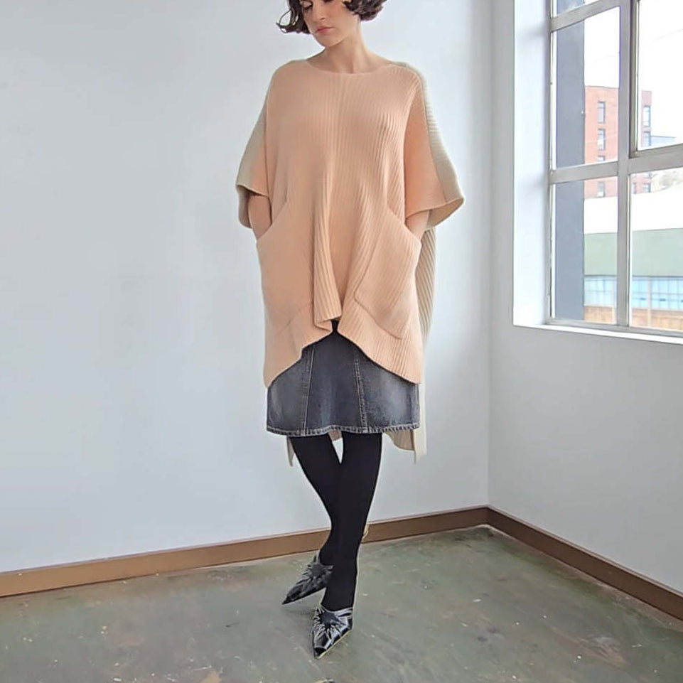 Chloe Ribbed Knit Cashmere Poncho Pink/Beige, size XS/S (fits up to XXL)