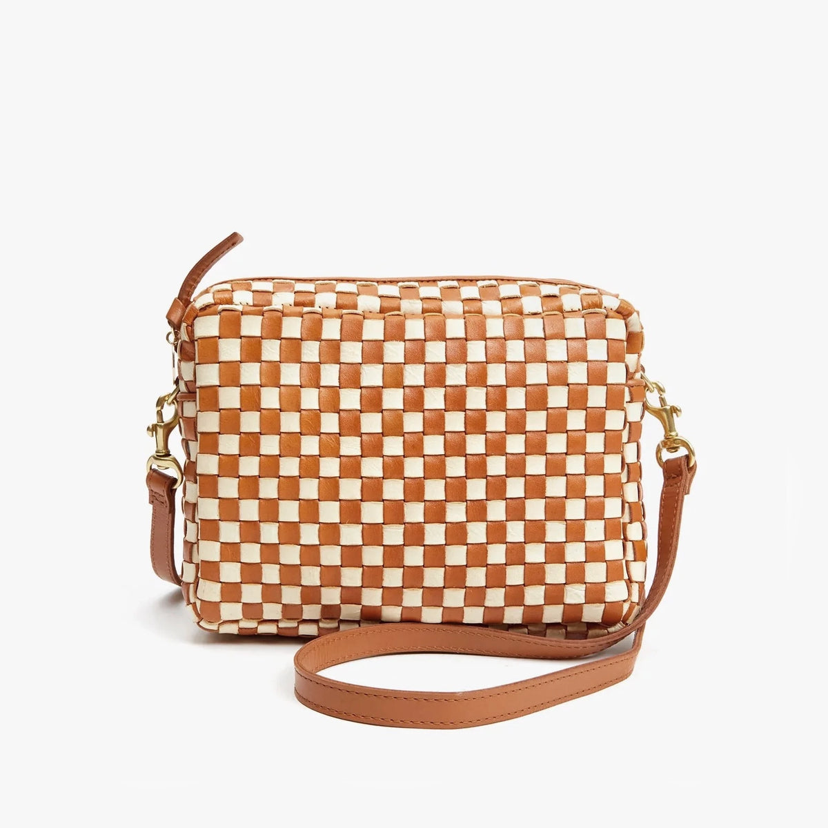 Clare V "Midi Sac" in Natural & Cream Woven Checker Leather