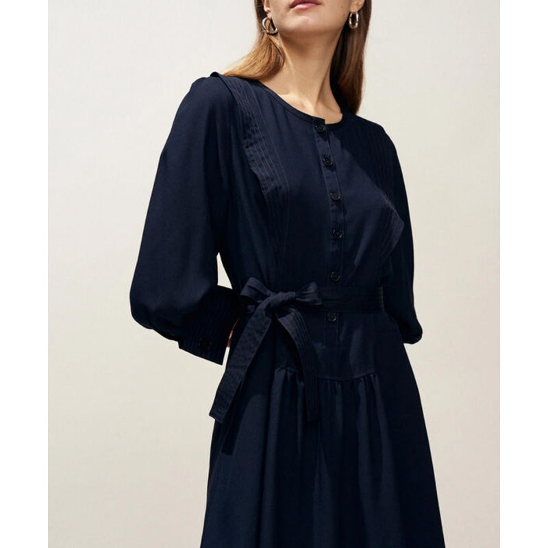 Claudie Pierlot "Rihane" Belted Crepe Dress in Navy, size 36 (fits size 2)