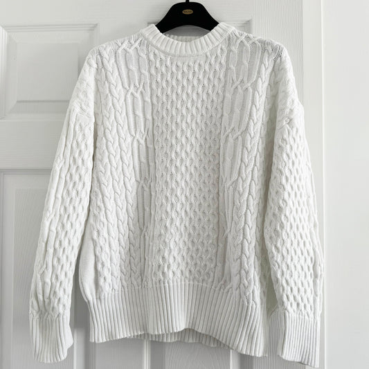 Co Cotton Cable Knit Sweater in White, size XS (fits XS/S)
