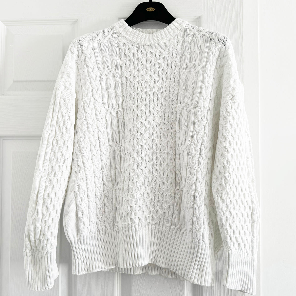 Co Cotton Cable Knit Sweater in White, size XS (fits XS/S)