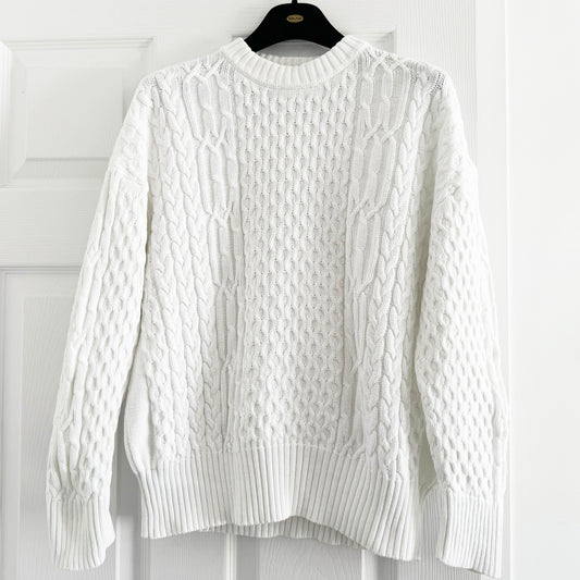 Co Cotton Cable Knit Sweater in White, size XS (fits XS/S)