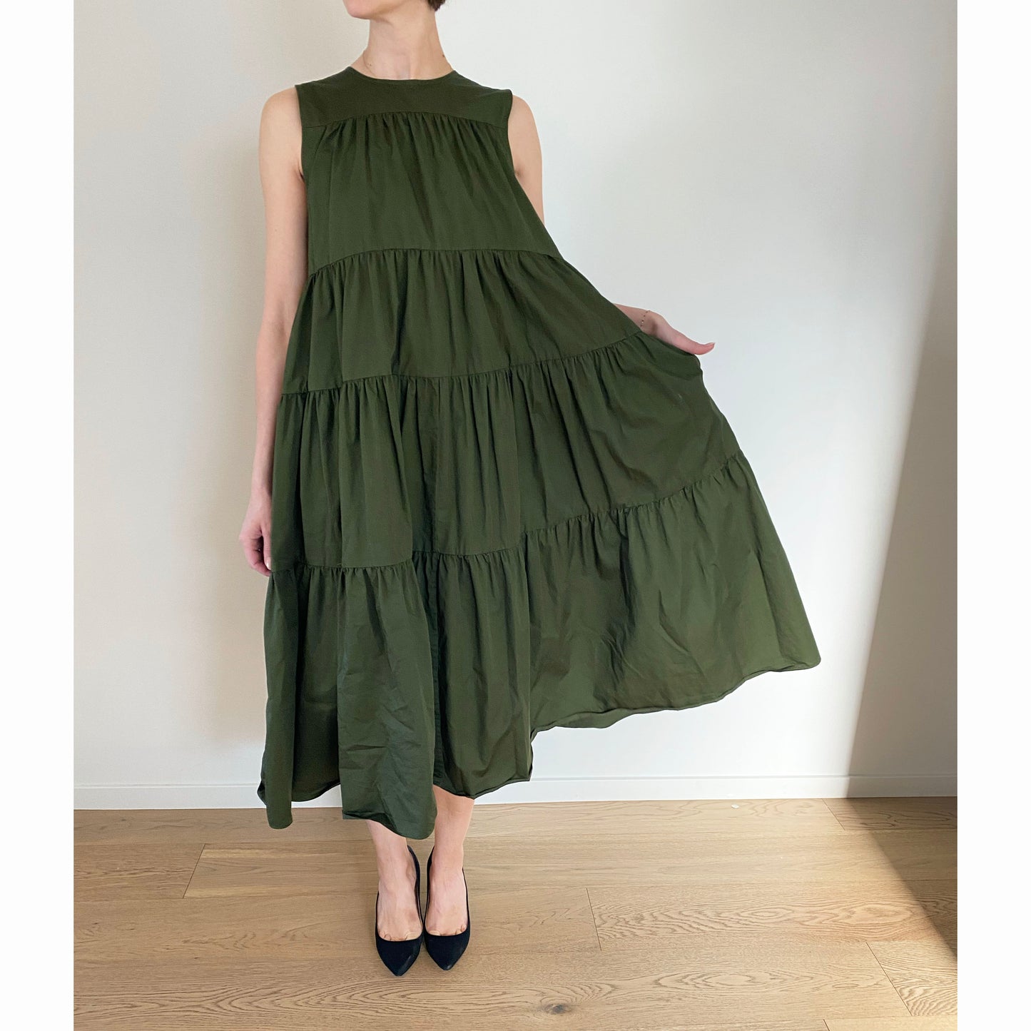 Co Tiered Cotton Midi Dress in Evergreen, Size large - altered to fit Medium