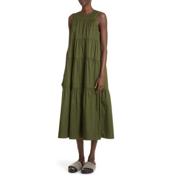 Co Tiered Cotton Midi Dress in Evergreen, Size large - altered to fit Medium