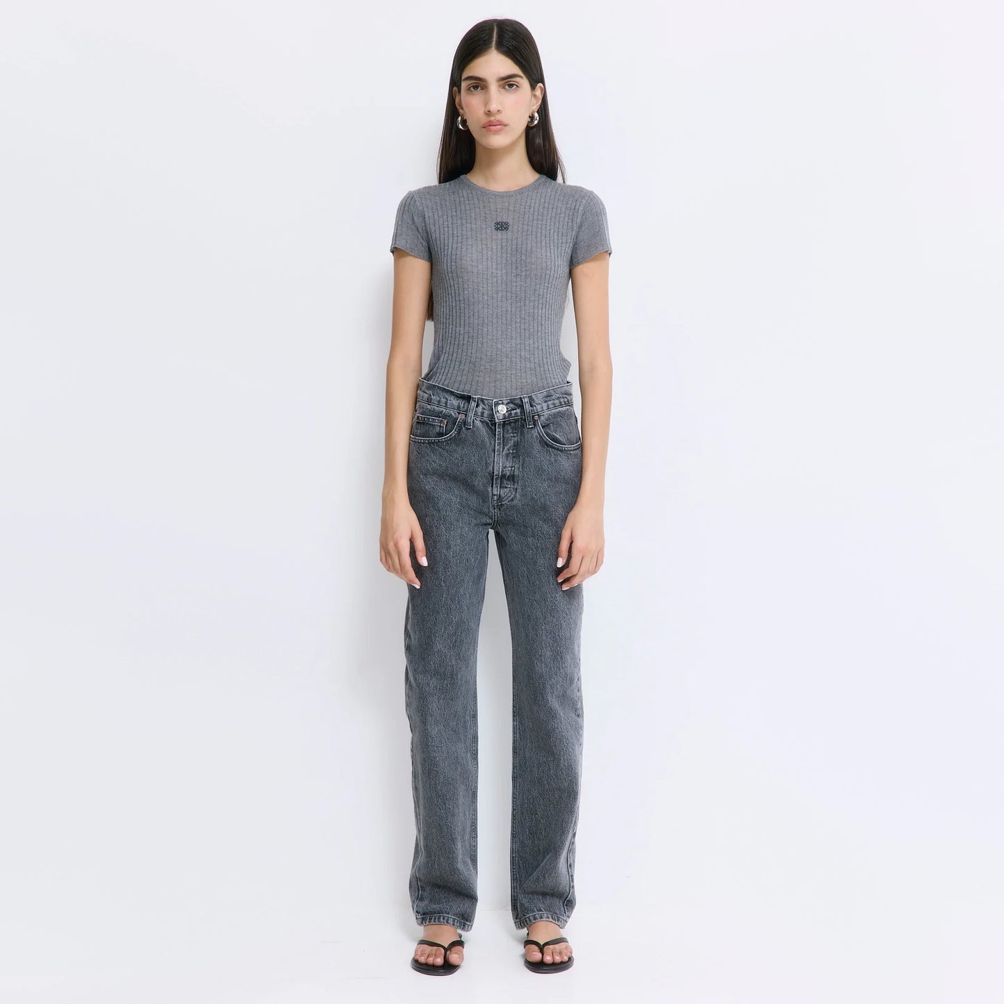 De Rococo "No.6" High Waisted Straight Full Length Denim in Smokey Grey, size 27