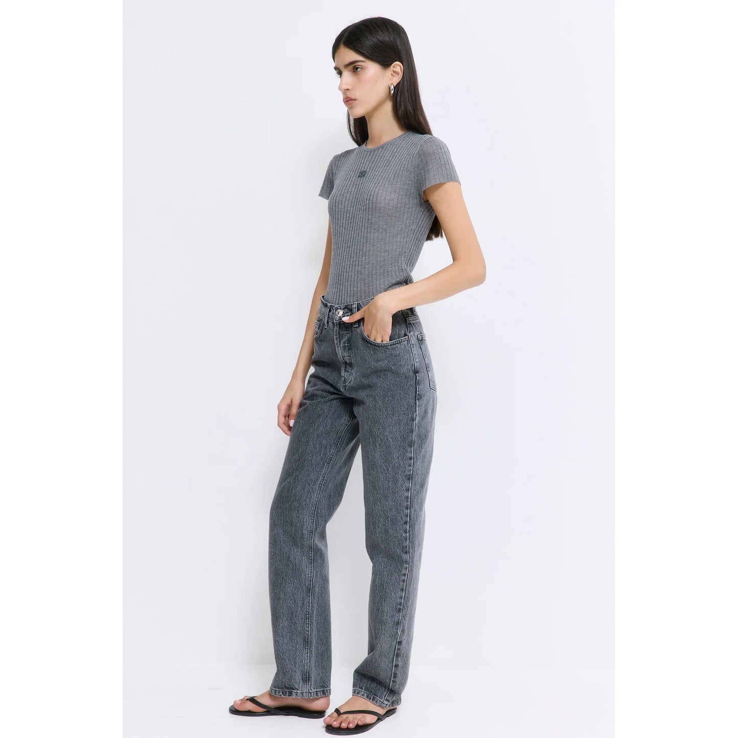 De Rococo "No.6" High Waisted Straight Full Length Denim in Smokey Grey, size 27