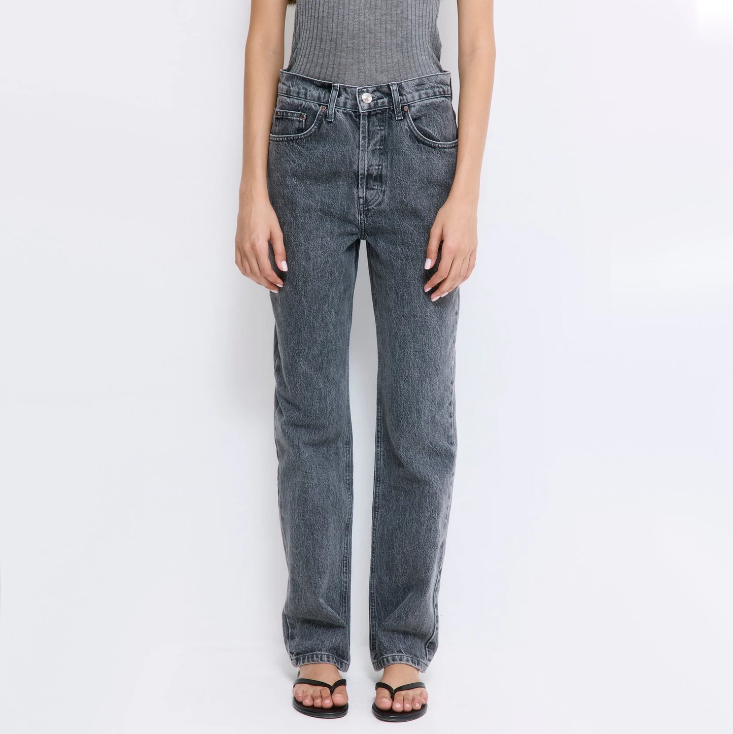 De Rococo "No.6" High Waisted Straight Full Length Denim in Smokey Grey, size 27