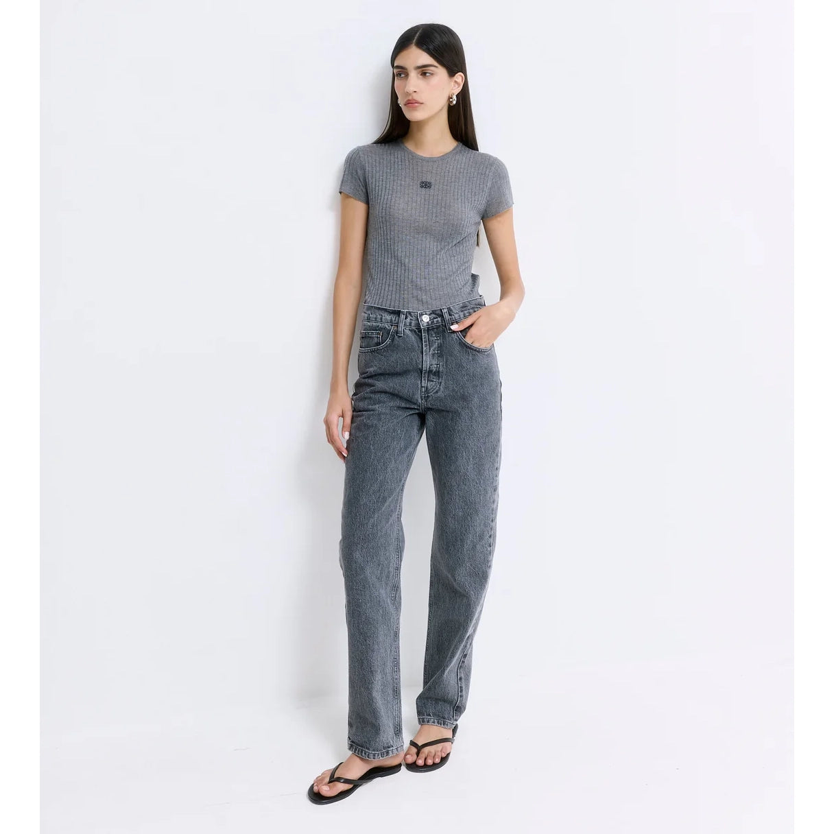 De Rococo "No.6" High Waisted Straight Full Length Denim in Smokey Grey, size 27