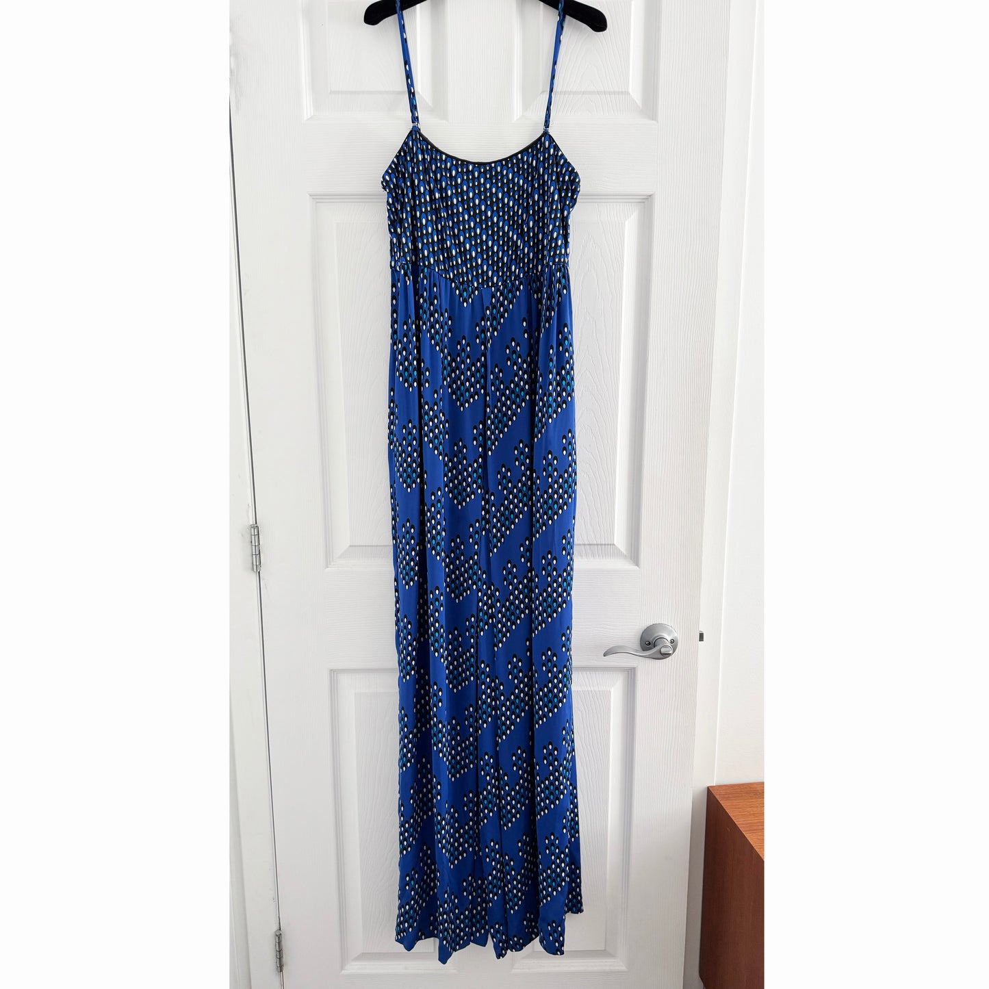 Robe longue imprimée bleue DVF, taille 10