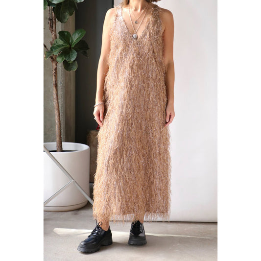 Smythe Deep V-Neck Midi Dress in Metallic Rosegold, size XS