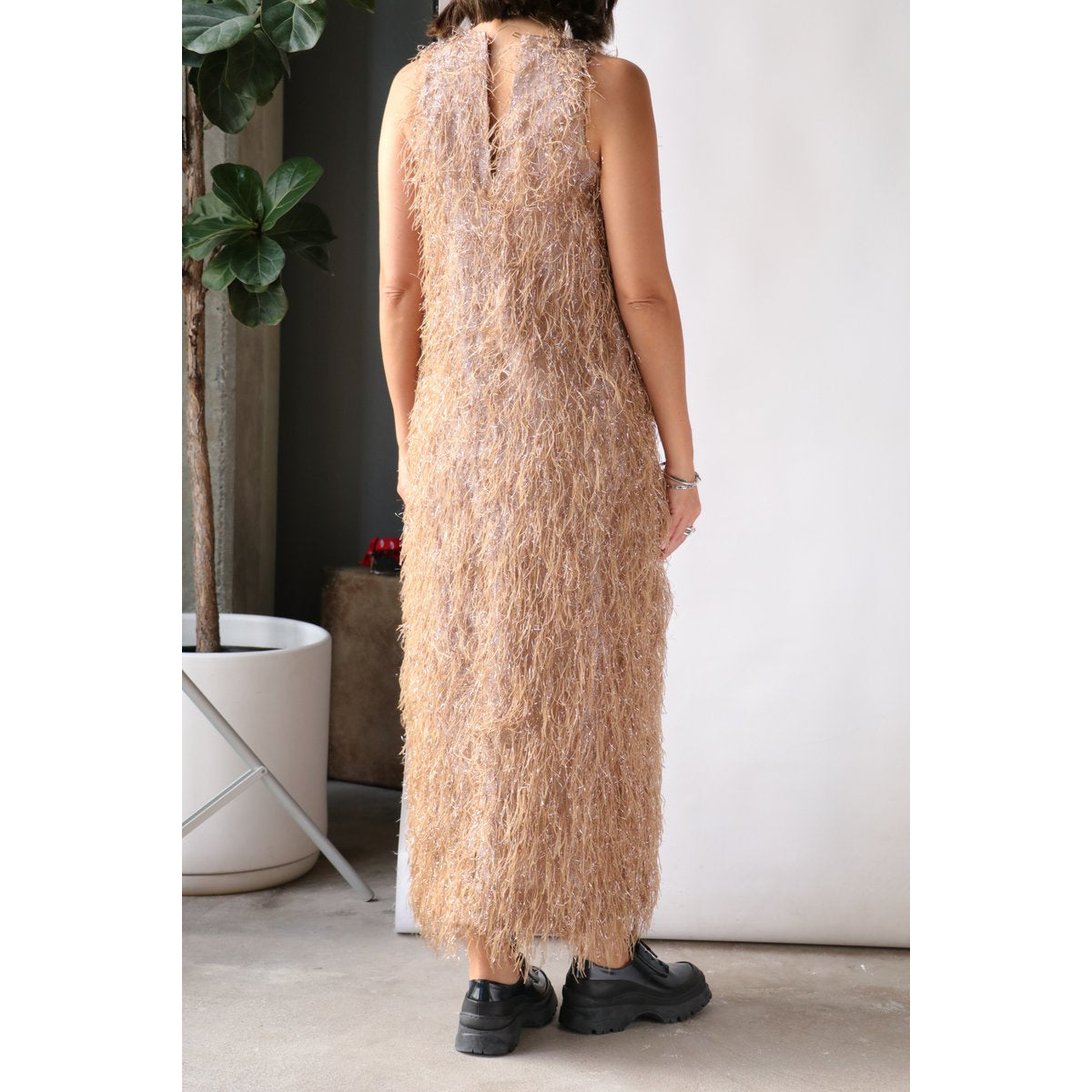 Smythe Deep V-Neck Midi Dress in Metallic Rosegold, size XS