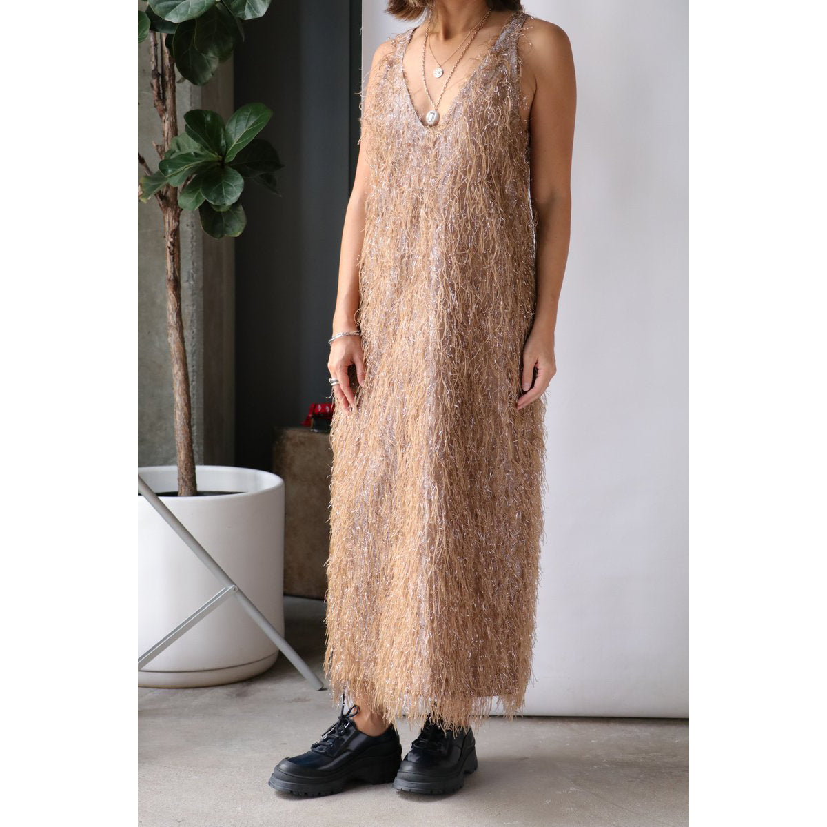 Smythe Deep V-Neck Midi Dress in Metallic Rosegold, size XS