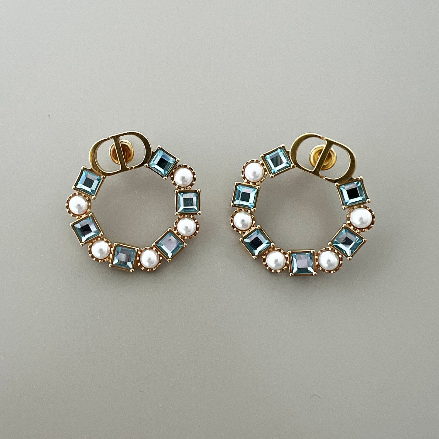 Christian Dior CD Logo Blue Crystal & Pearl Hoop Earrings