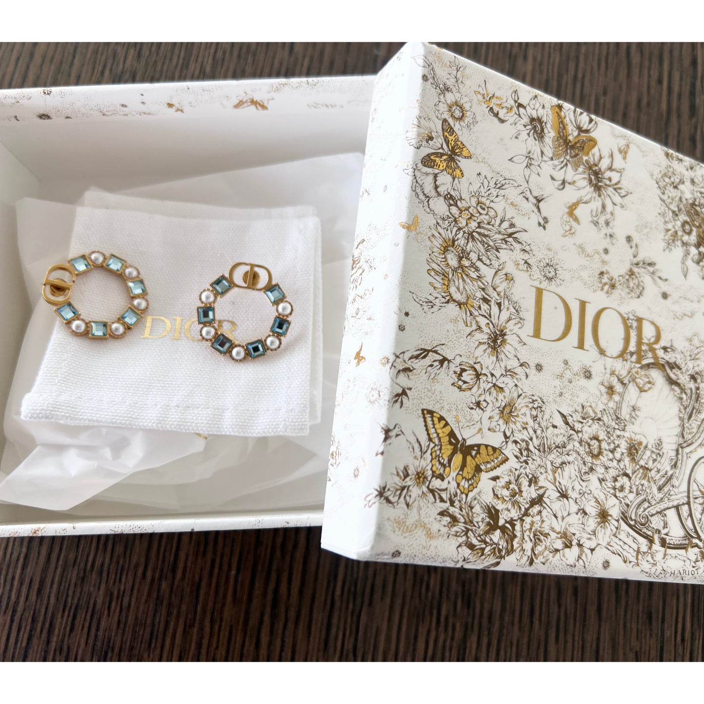 Christian Dior CD Logo Blue Crystal & Pearl Hoop Earrings