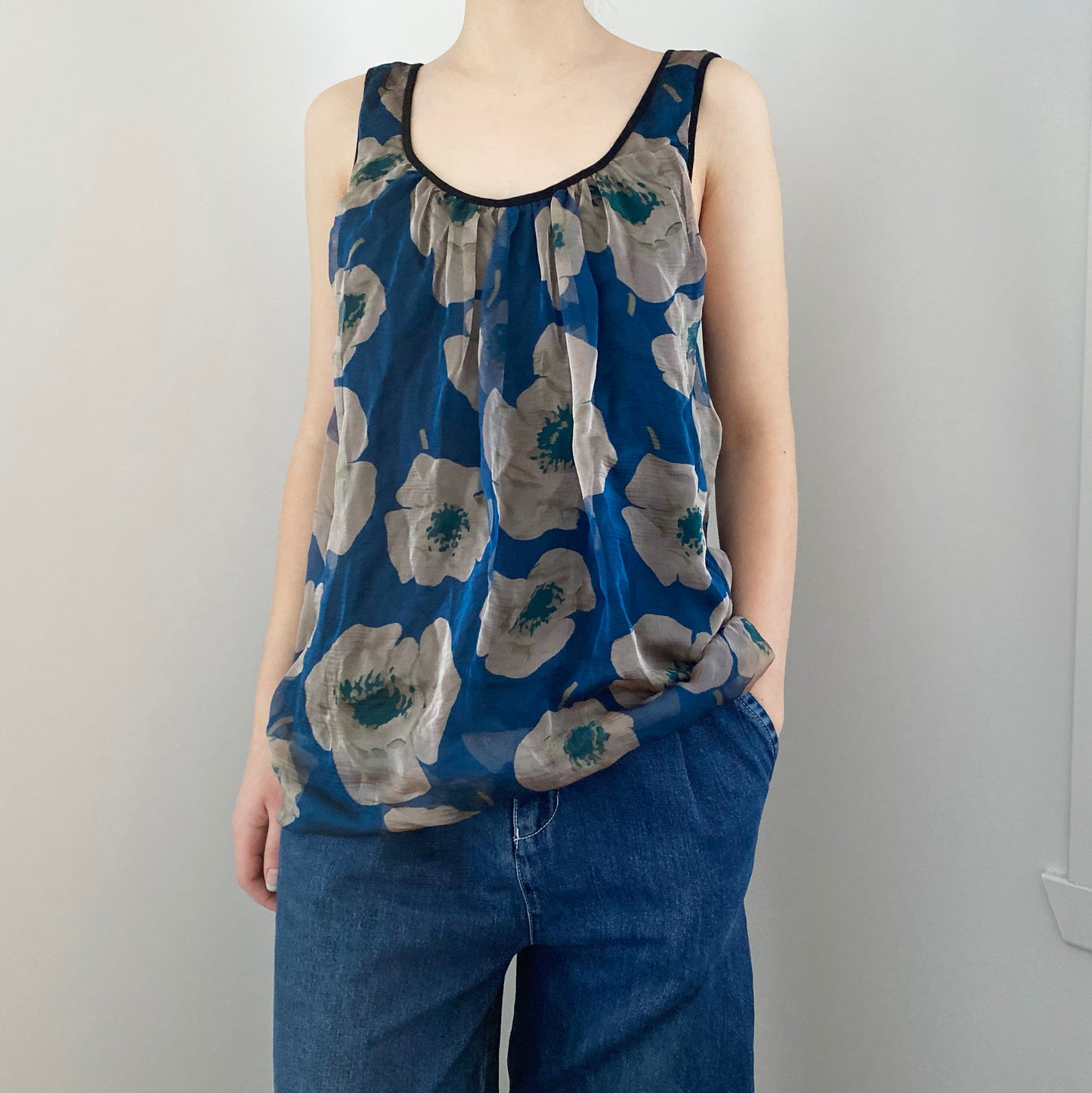 Dries Van Noten blue Floral print sleeveless top, size small