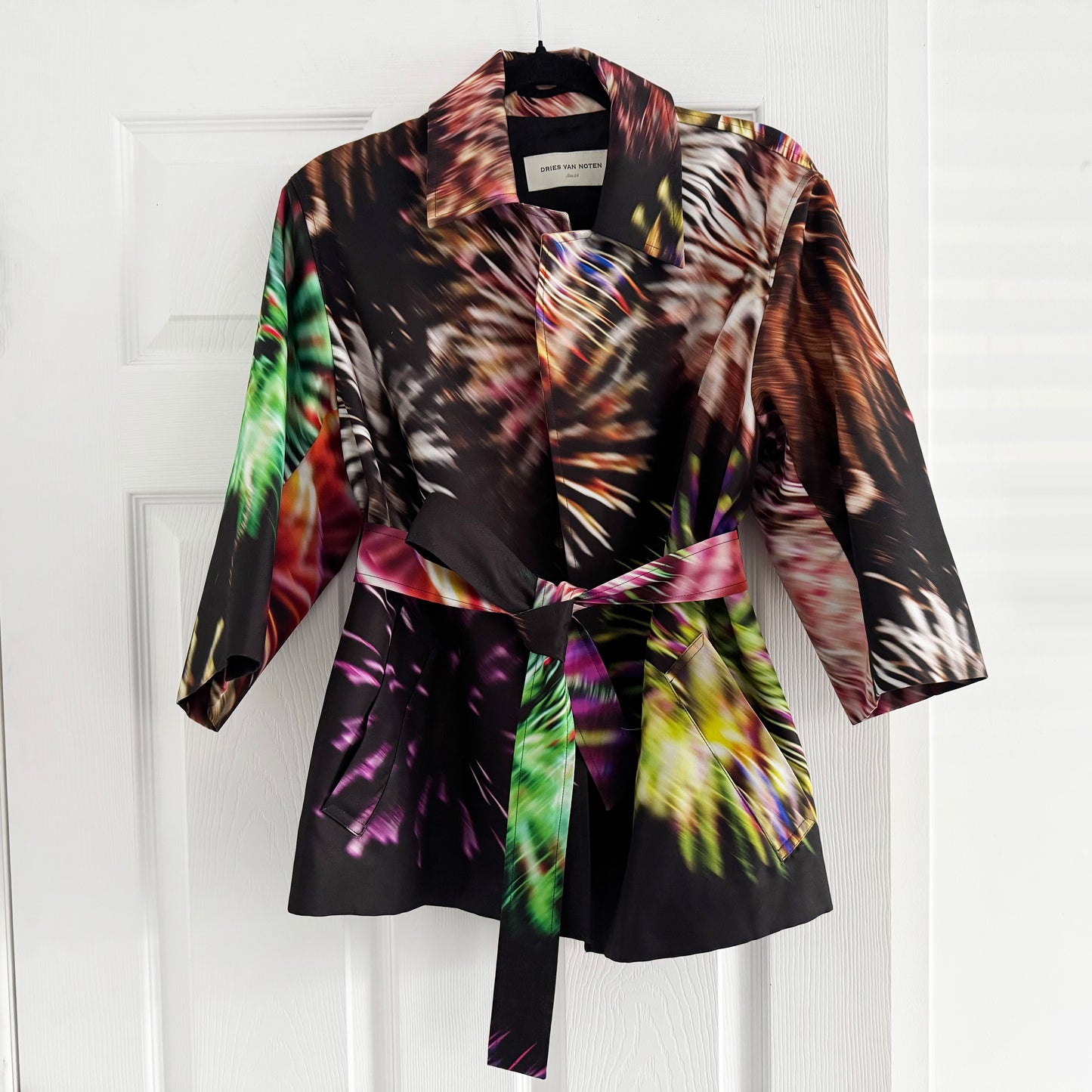 Dries Van Noten "Ramblas" Fireworks Print Belted Jacket, size 34