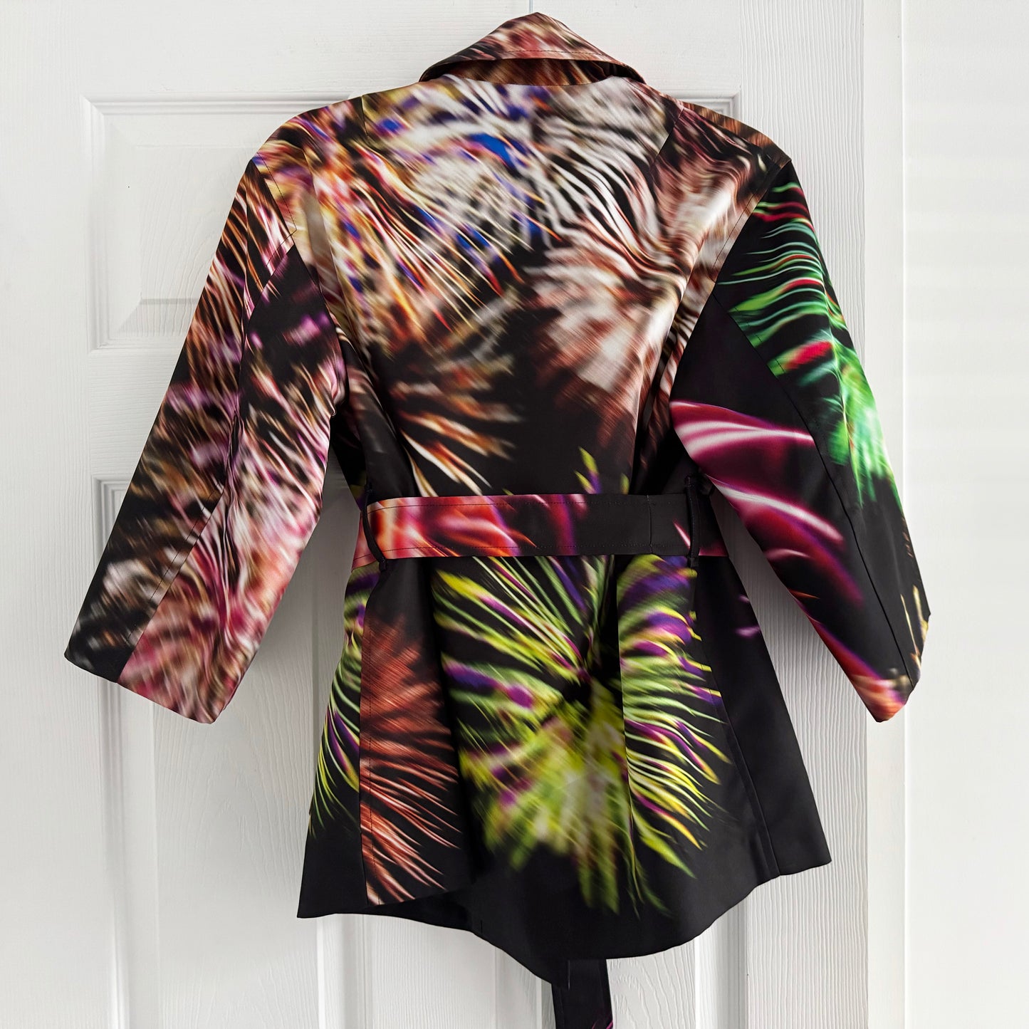 Dries Van Noten "Ramblas" Fireworks Print Belted Jacket, size 34